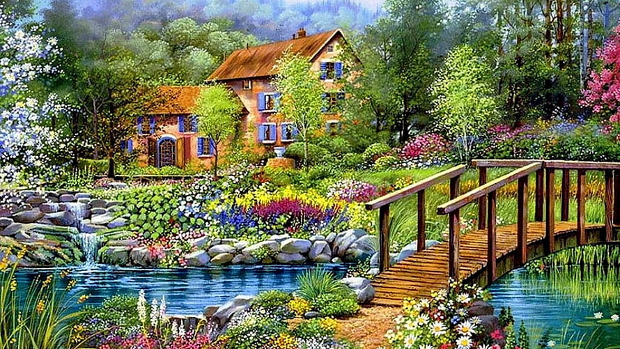Cottage Garden Landscape with Wooden Bridge and Pond in Painterly Style HD wallpaper