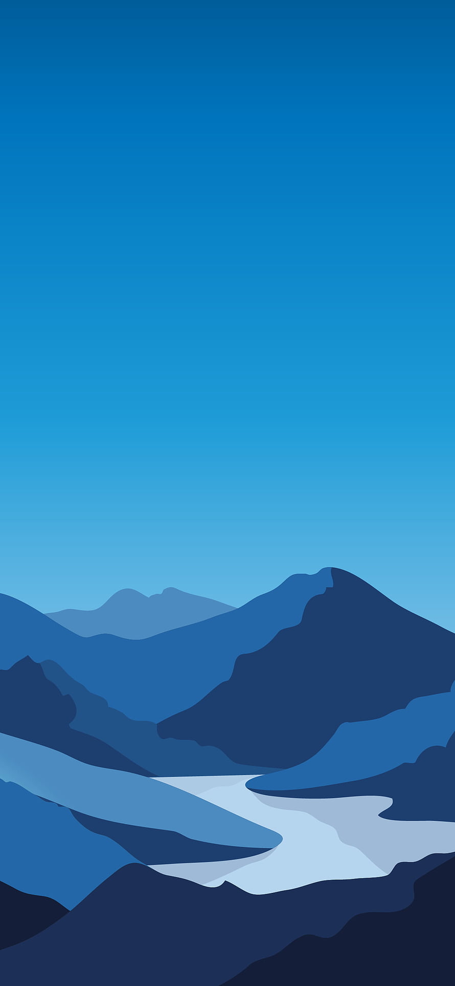 Minimalist Blue Mountain Landscape with Winding River and Gradient Sky HD phone wallpaper