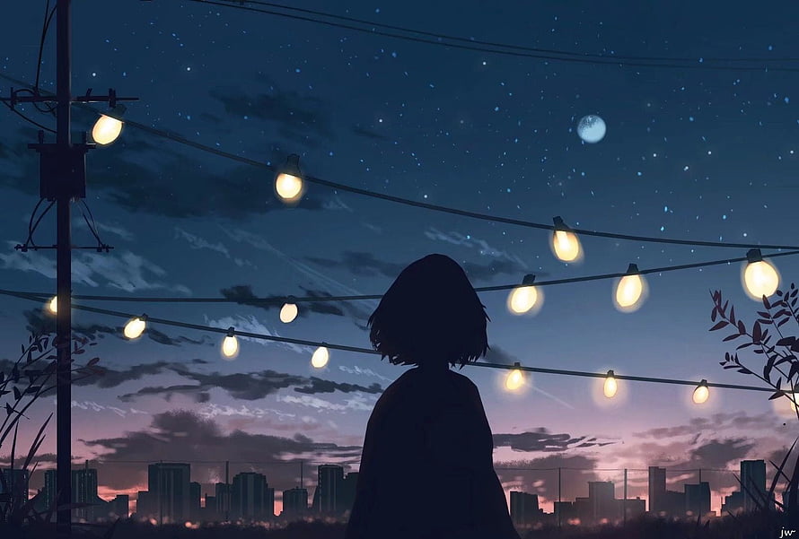 Silhouette of a girl under string lights against a starry night sky and city skyline HD wallpaper