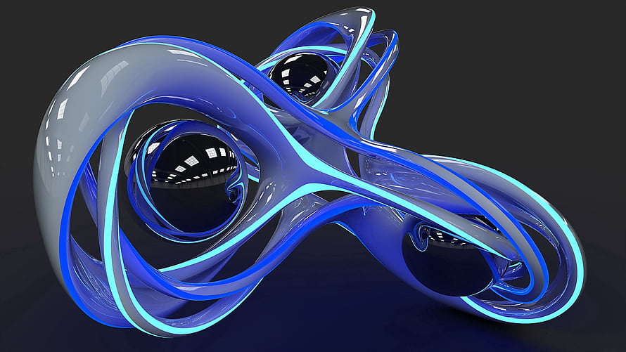 Abstract 3D Render of Glossy Blue and Cyan Fluid Sculpture with Reflective Spheres HD wallpaper