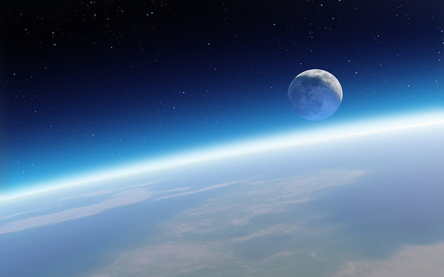 Earth Horizon and Moon in Deep Space with Starry Sky and Atmospheric Glow HD wallpaper