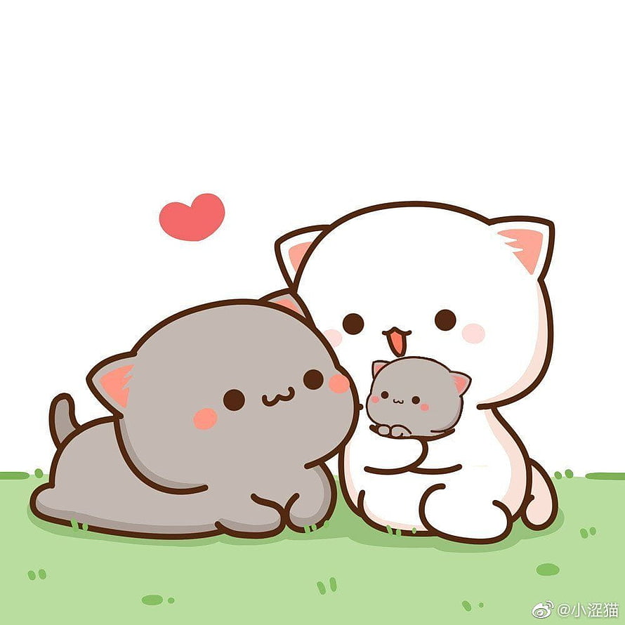 Kawaii Cat Family Illustration with White and Grey Kittens on Green Grass HD phone wallpaper