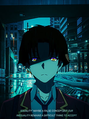 Kiyotaka Ayanokoji from Classroom of the Elite in a moody rainy cityscape with glowing eyes HD phone wallpaper