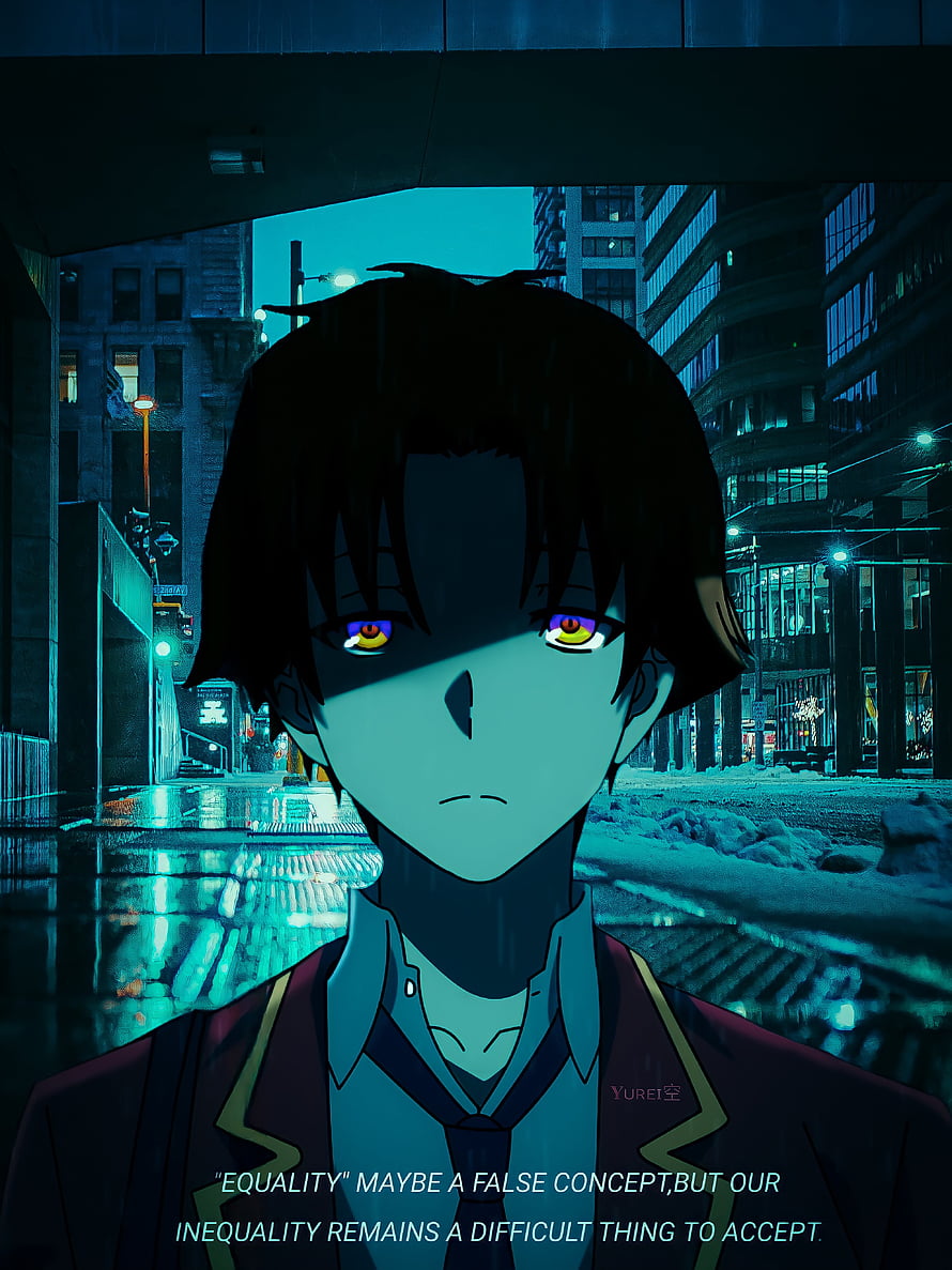 Kiyotaka Ayanokoji from Classroom of the Elite in a moody rainy cityscape with glowing eyes HD phone wallpaper
