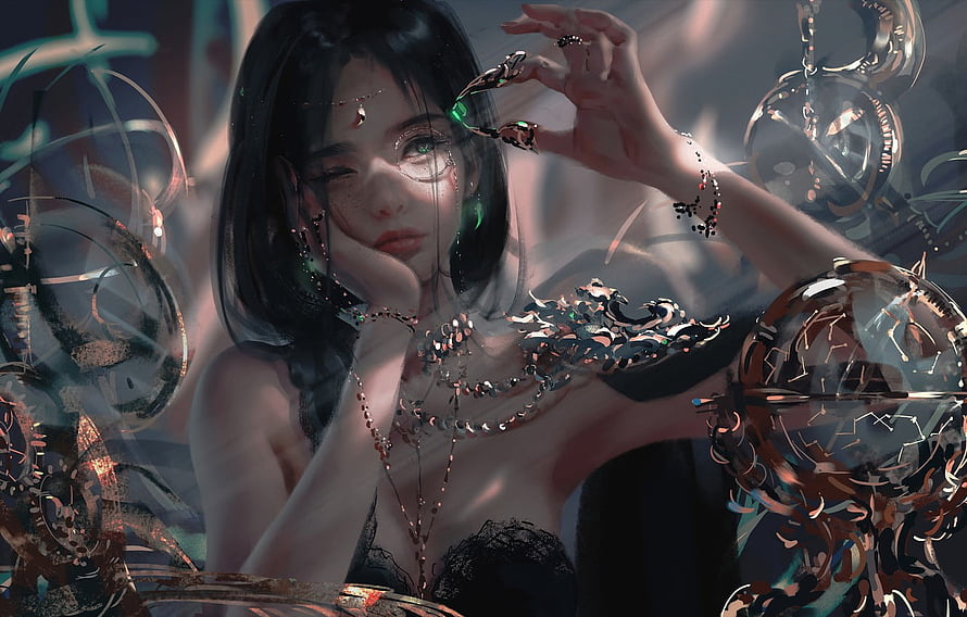 Wlop Fantasy Artwork: Ethereal Woman with Green Eyes and Ornate Jewelry HD wallpaper