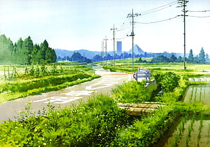 Serene Japanese Countryside Road with Rice Paddies and Distant Mountains in Anime Style HD wallpaper
