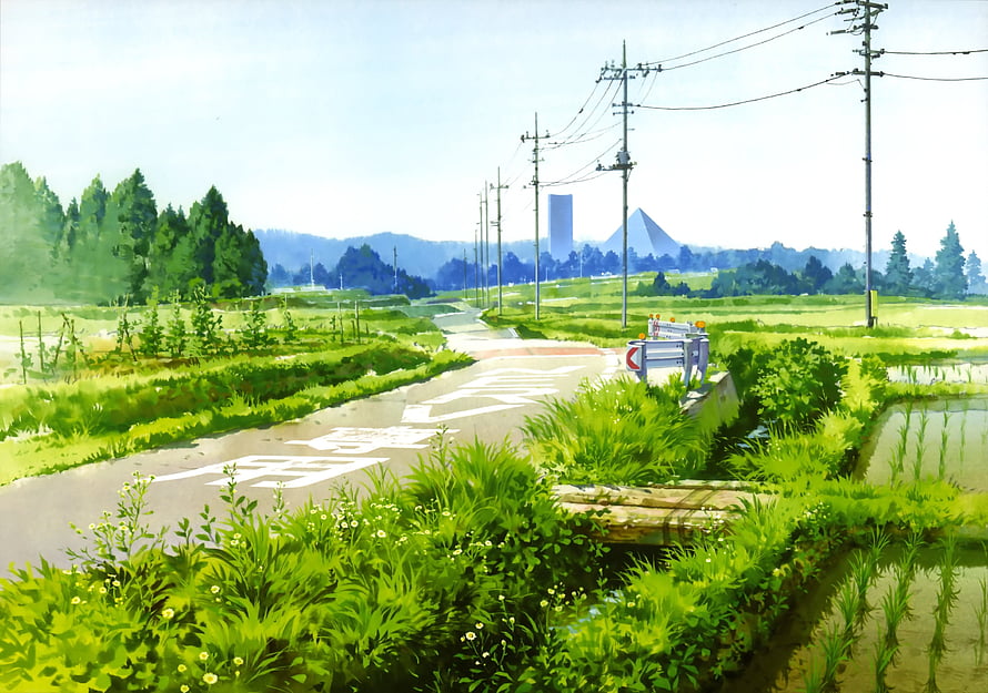 Serene Japanese Countryside Road with Rice Paddies and Distant Mountains in Anime Style HD wallpaper