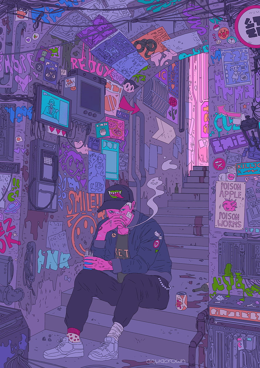 Cyberpunk Street Art Illustration of a Man Smoking on Graffiti-Covered Stairs HD phone wallpaper