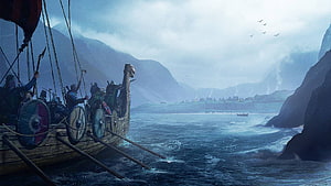 Viking Longship Crew Navigating Misty Fjord Toward Distant Settlement HD wallpaper