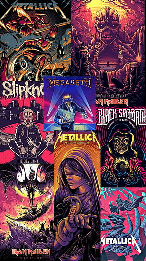 Heavy Metal Band Poster Artwork Collection Featuring Metallica, Iron Maiden, Megadeth, Slipknot, and Black Sabbath HD phone wallpaper