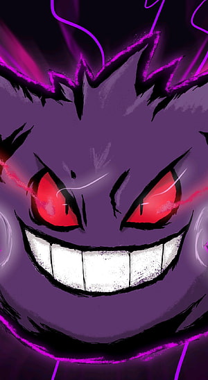 Gengar Menacing Close-Up with Glowing Red Eyes and Purple Energy Aura HD phone wallpaper