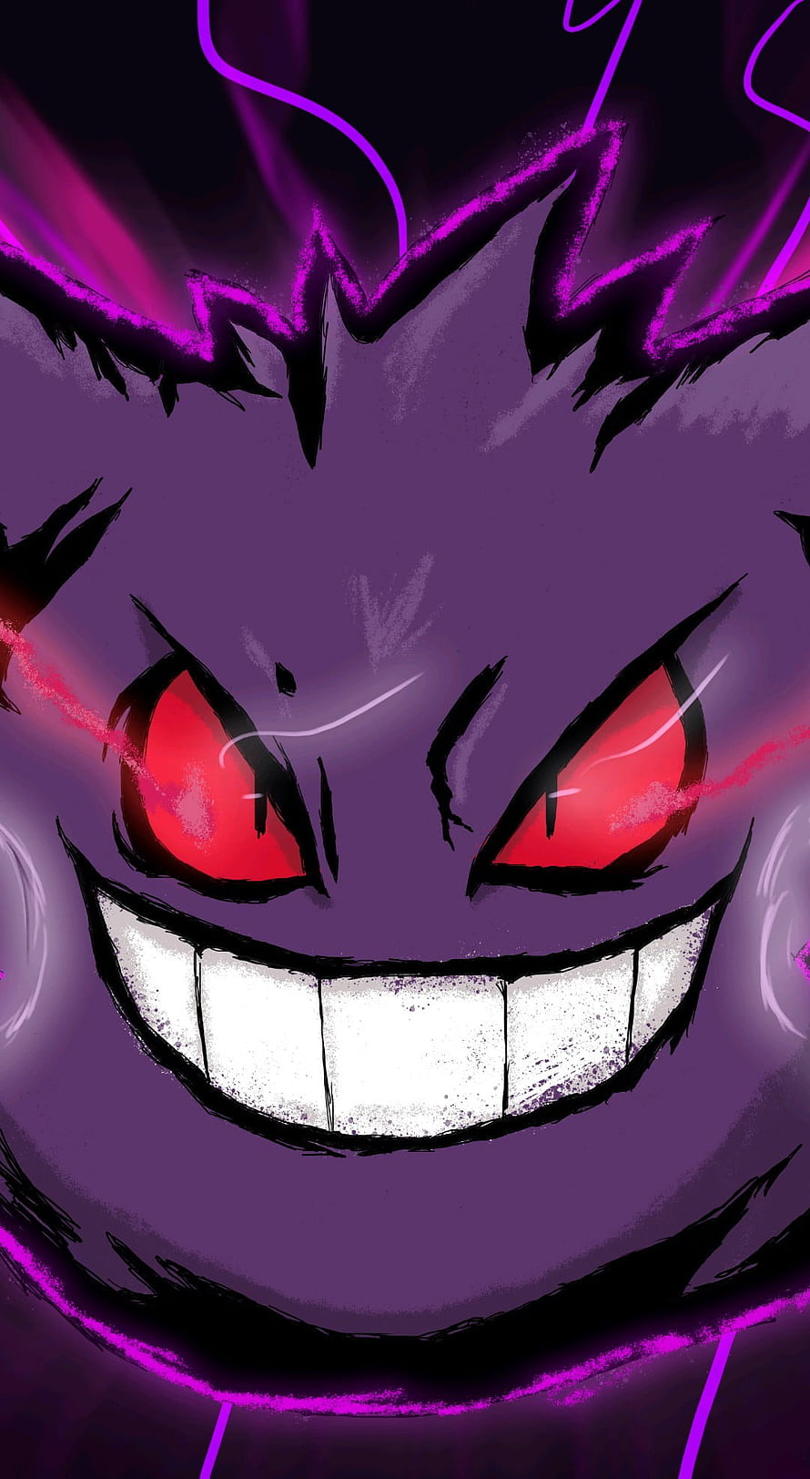 Gengar Menacing Close-Up with Glowing Red Eyes and Purple Energy Aura HD phone wallpaper