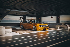 Modified BMW E30 DTM T7 in a Modern Luxury Interior with Ocean View HD wallpaper