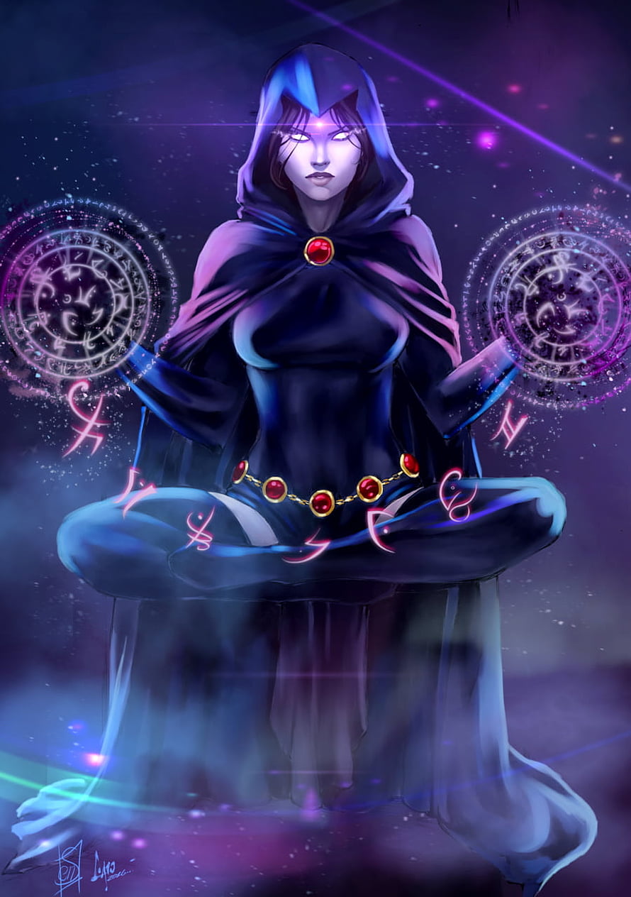 Raven DC Comics Hooded Sorceress Meditating with Glowing Magic Circles and Runes HD phone wallpaper