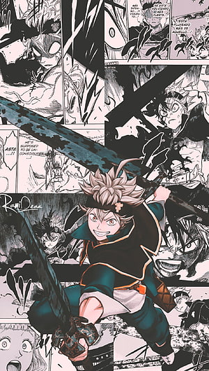 Asta from Black Clover wielding a black blade in a dynamic manga panel collage HD phone wallpaper