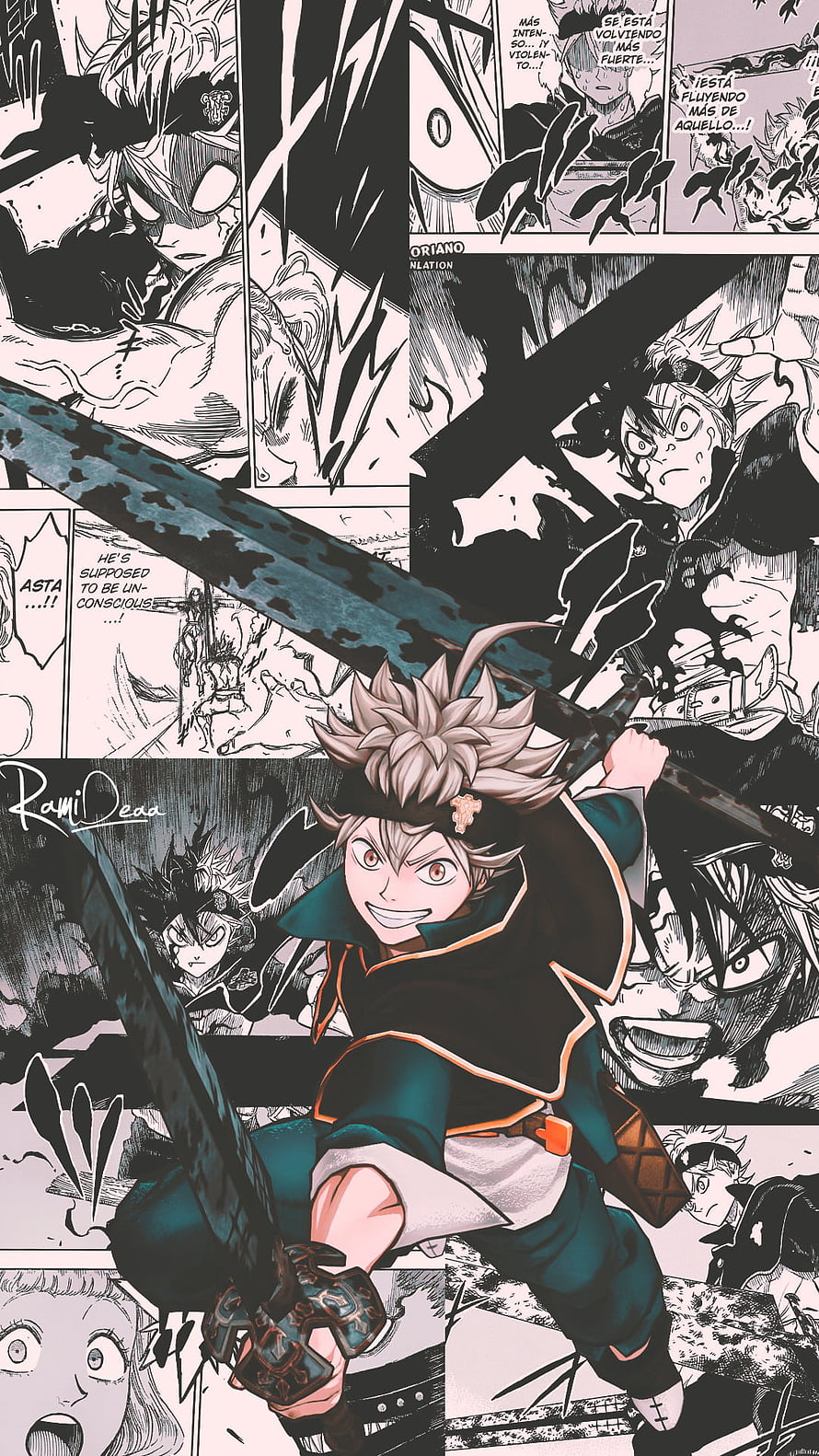 Asta from Black Clover wielding a black blade in a dynamic manga panel collage HD phone wallpaper