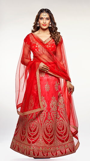 Bipasha Basu in a red embroidered lehenga with gold zari work and sheer dupatta HD phone wallpaper