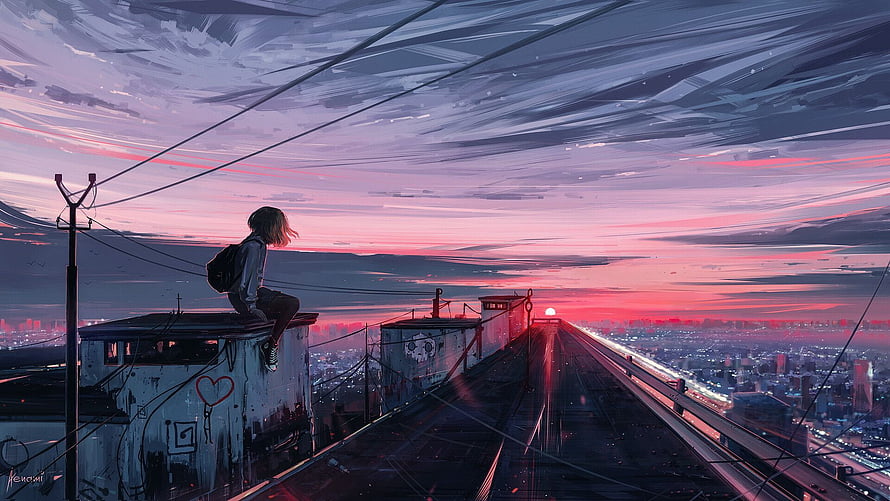Anime Girl Sitting on Rooftop Overlooking City at Sunset HD wallpaper