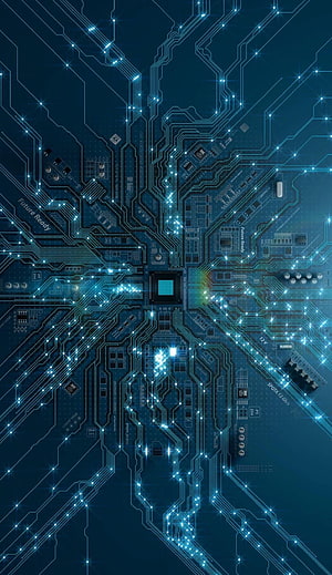 Glowing Blue Circuit Board with Central Processor and Radiating Light Trails HD phone wallpaper