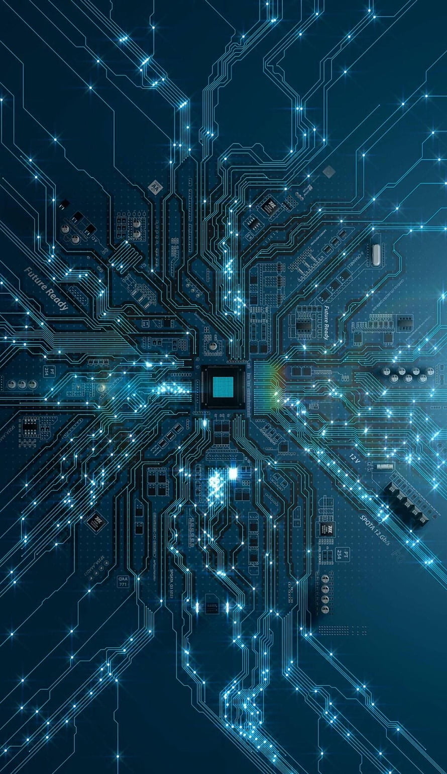 Glowing Blue Circuit Board with Central Processor and Radiating Light Trails HD phone wallpaper