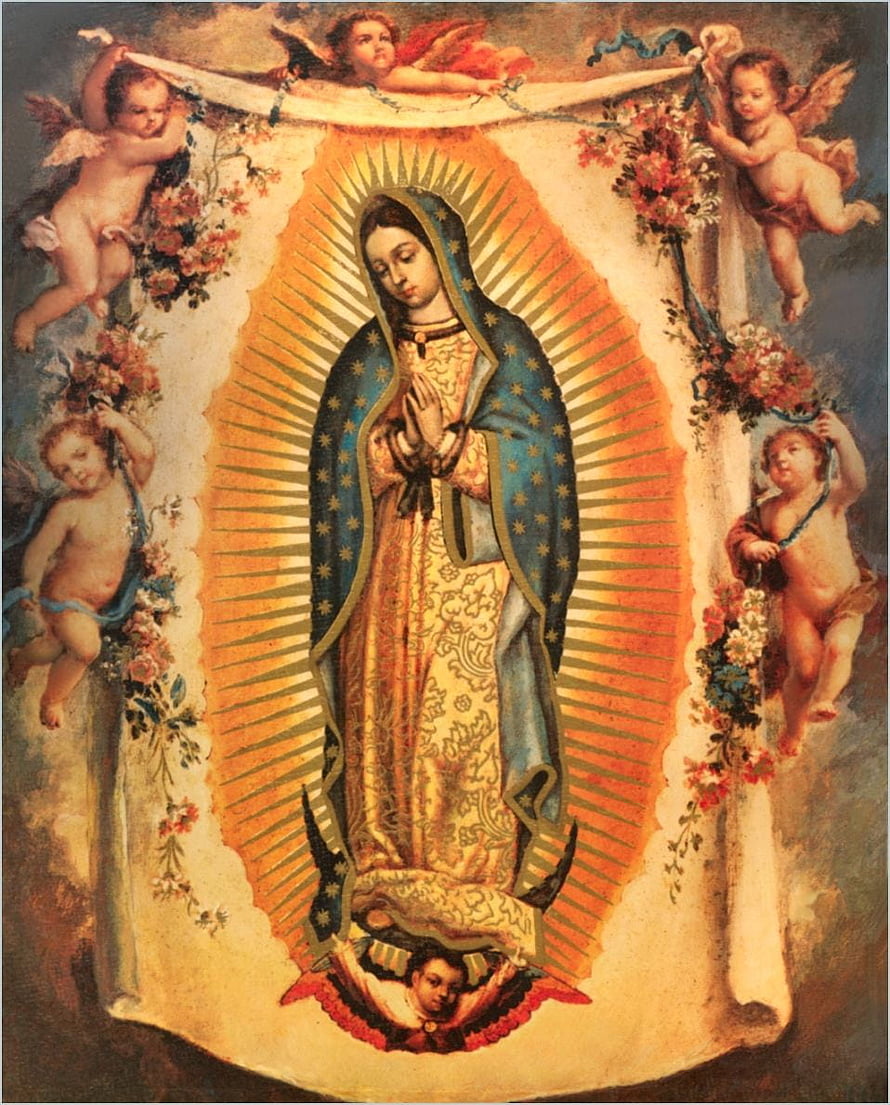Classical Religious Painting of the Virgin of Guadalupe with Cherubs and Floral Garland HD phone wallpaper