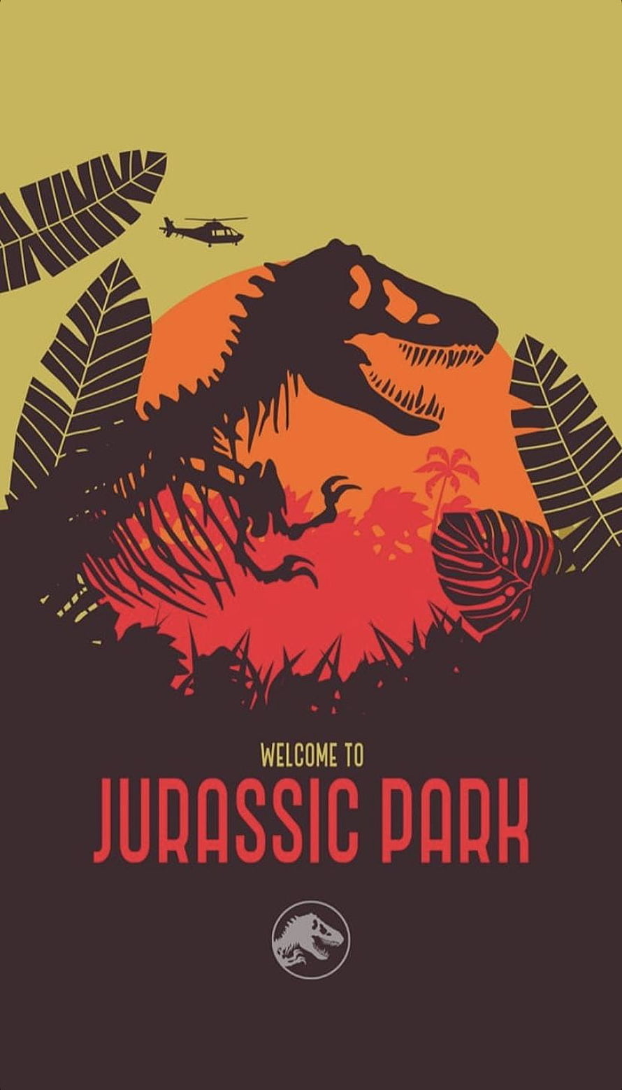 Minimalist Jurassic Park T-Rex Silhouette Poster with Tropical Sunset and Helicopter HD phone wallpaper