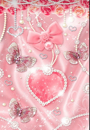 Pink Pearl Heart and Diamond Butterfly Jewelry Collage with Roses and Bows HD phone wallpaper