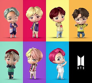 BTS Chibi 3D Character Figures on Vibrant Colorful Background Grid HD wallpaper