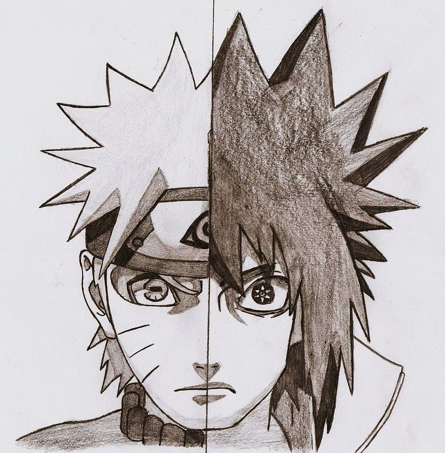 Naruto and Sasuke Split Face Pencil Sketch from Shippuden HD phone wallpaper