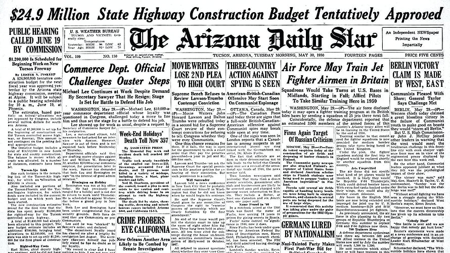 Vintage 1950 Tucson Arizona Daily Star Front Page Newspaper Layout HD wallpaper