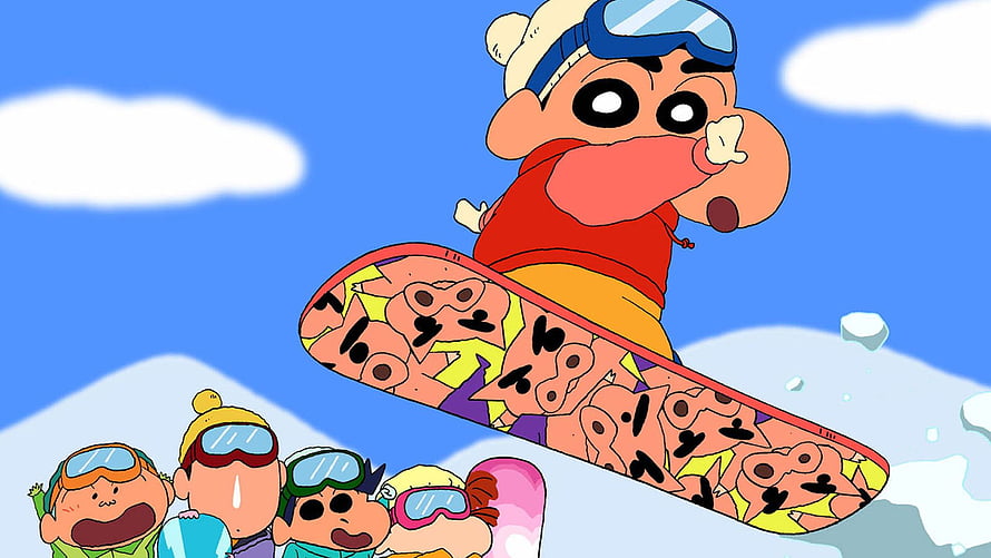 Crayon Shin-chan Snowboarding with Friends on a Sunny Winter Day HD wallpaper