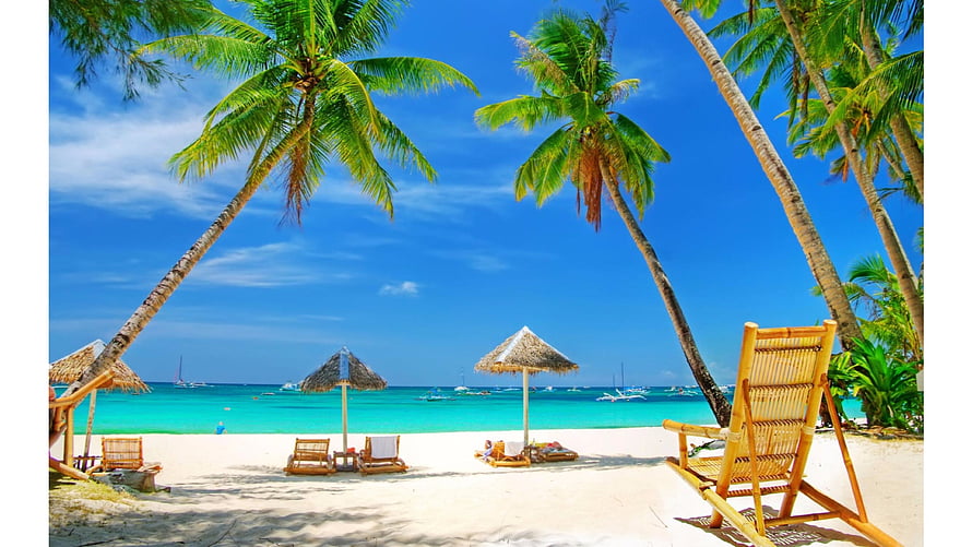 Tropical Bali Beach Scene With Leaning Palm Trees, Bamboo Loungers, And Turquoise Water HD wallpaper