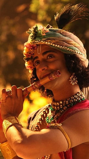 Murli Dhar as Krishna in Radha Krishna Serial with Flute and Turban HD phone wallpaper