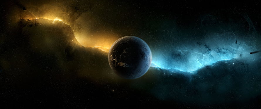 Dramatic Planet Suspended in Golden and Blue Cosmic Nebula Clouds HD wallpaper