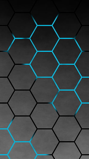 Dark Hexagonal Honeycomb Grid with Glowing Cyan Lines on Textured Background HD phone wallpaper