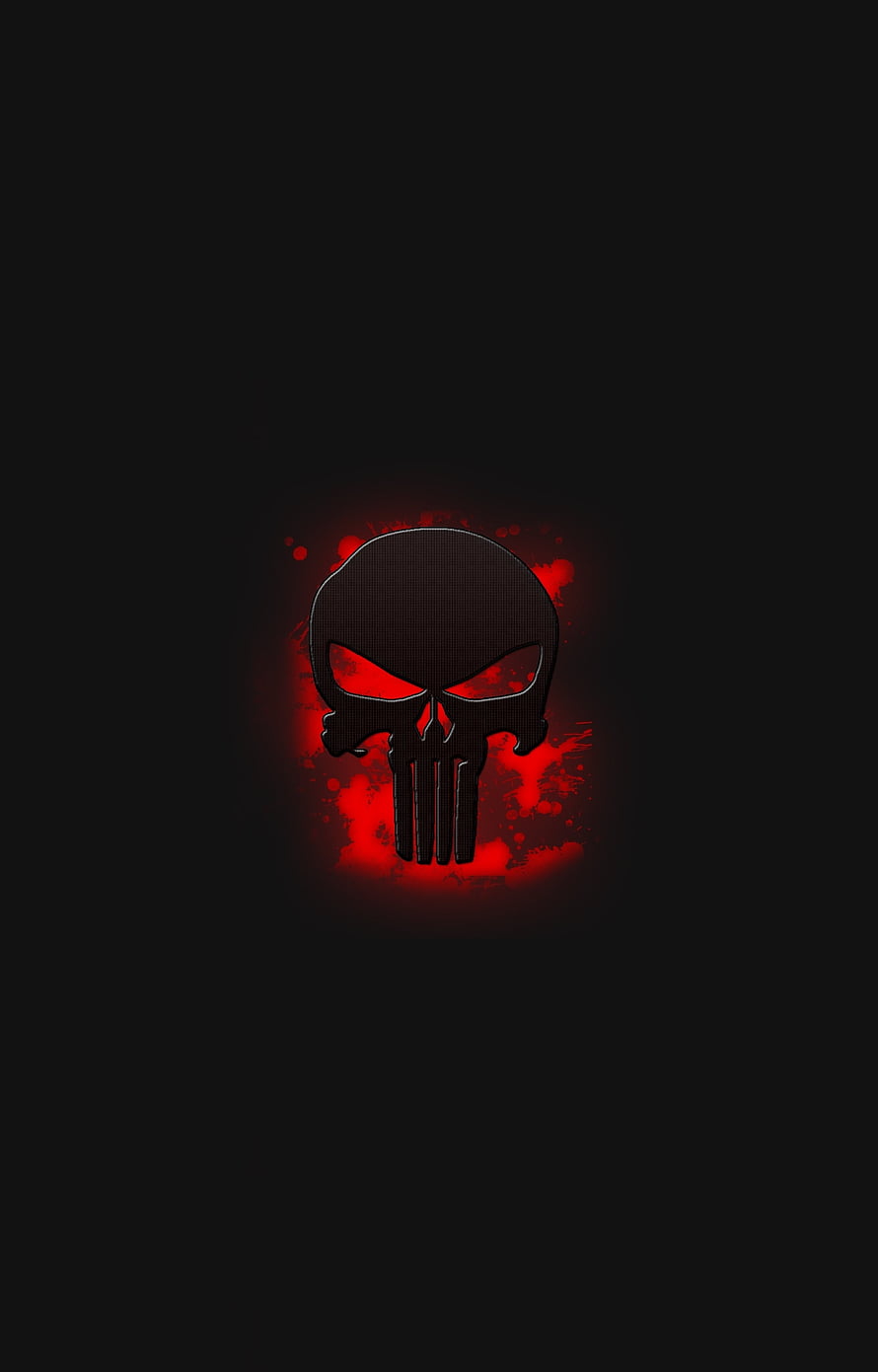 The Punisher Skull Logo with Glowing Red Eyes on Black Background HD phone wallpaper