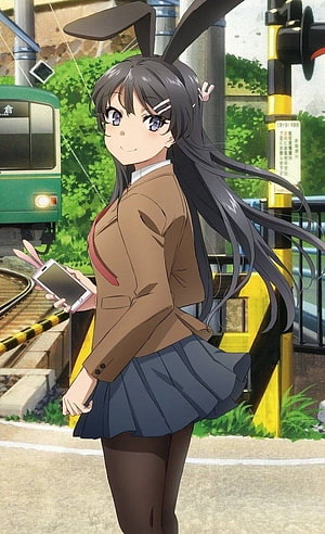 Mai Sakurajima Anime Girl in School Uniform with Bunny Ears at a Train Station HD phone wallpaper