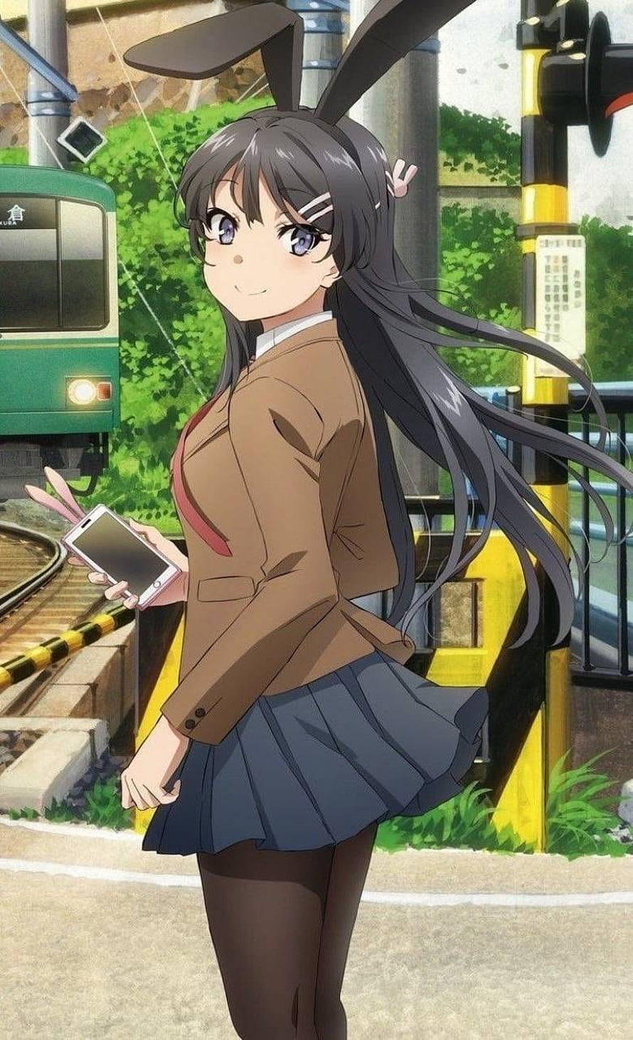 Mai Sakurajima Anime Girl in School Uniform with Bunny Ears at a Train Station HD phone wallpaper
