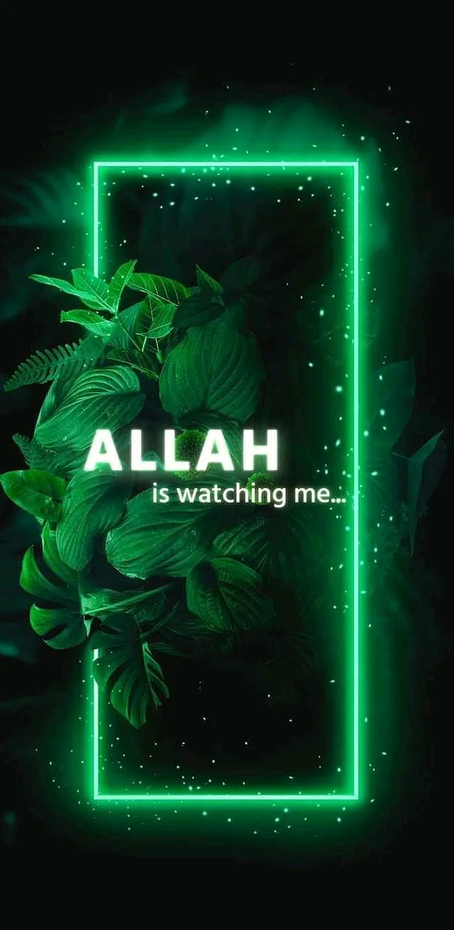 Glowing Green Neon Frame With Tropical Leaves And Islamic Faith Quote HD phone wallpaper