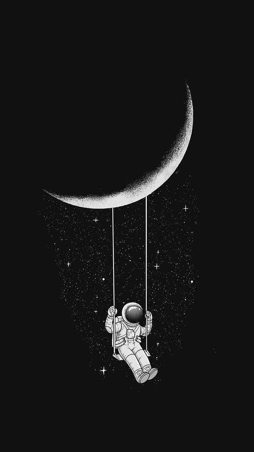 Minimalist Black and White Astronaut on a Crescent Moon Swing in a Starry Night Sky HD phone wallpaper