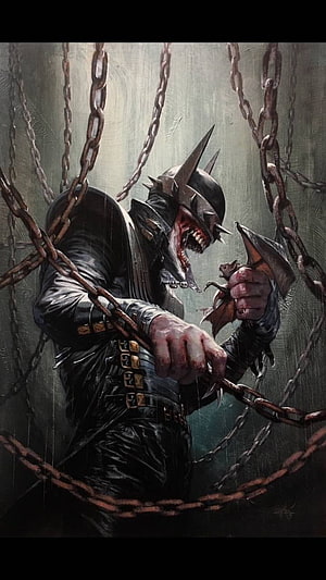 The Batman Who Laughs Dark Fantasy Illustration with Chains and Bat HD phone wallpaper