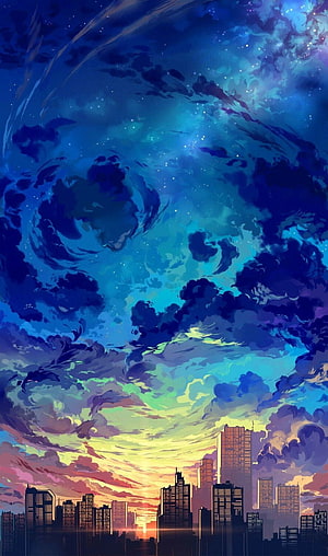 Anime Cityscape at Dusk with Swirling Nebula Sky and Starry Clouds HD phone wallpaper