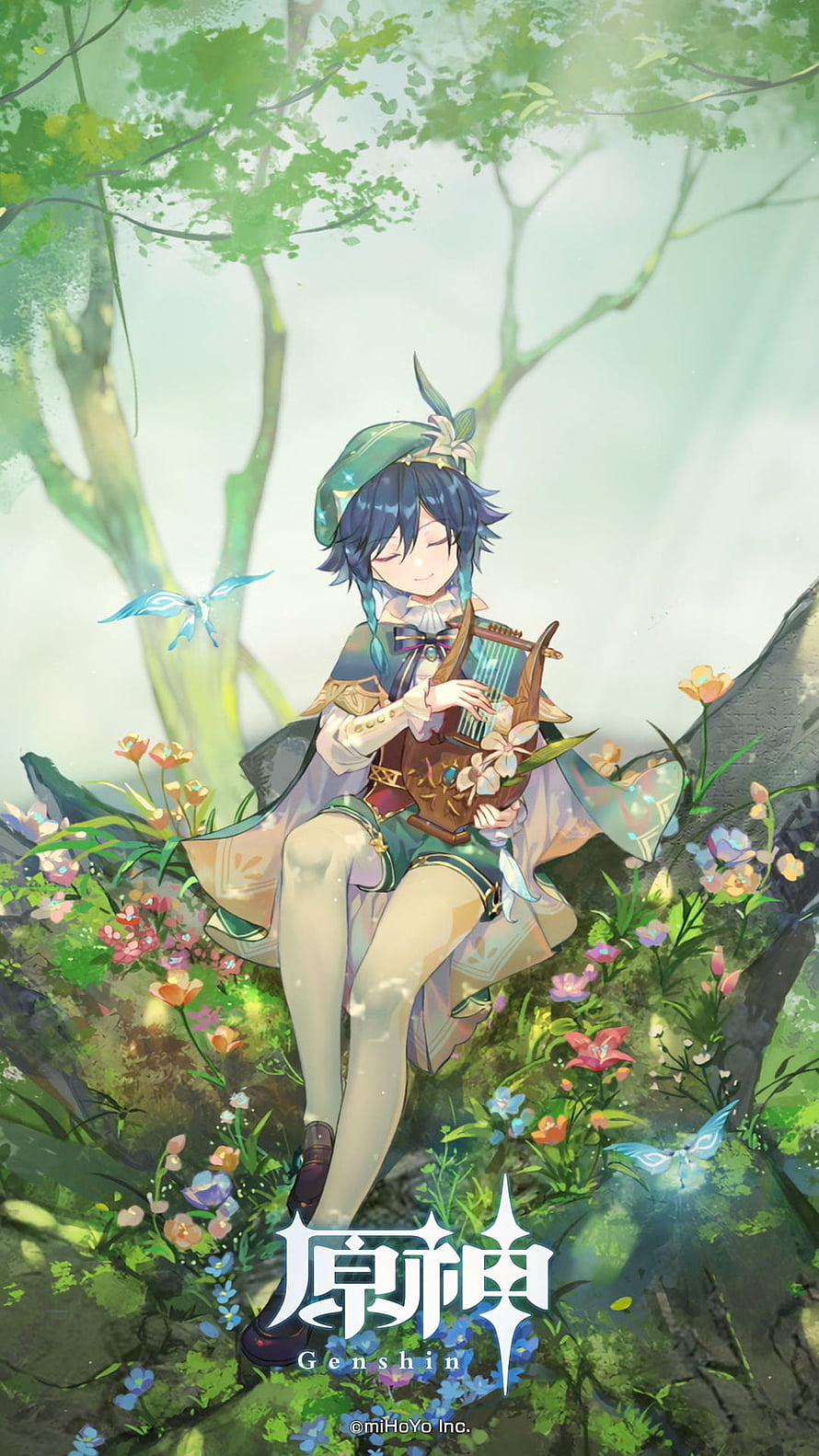 Genshin Impact Venti Playing Harp in a Flowering Forest HD phone wallpaper