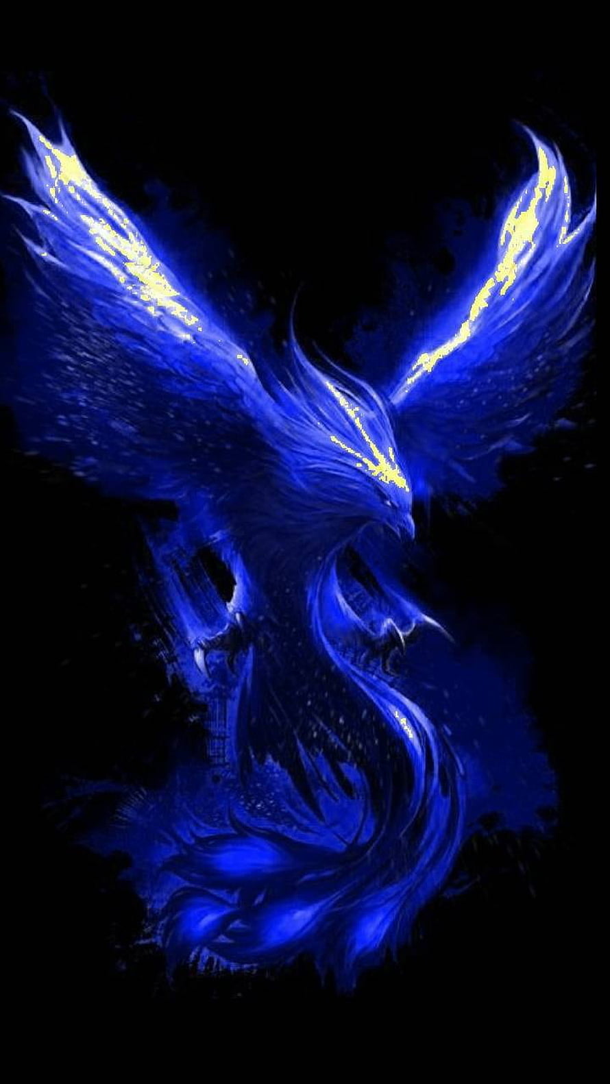 Majestic Blue Phoenix with Glowing Wings and Fiery Accents on Black Background HD phone wallpaper