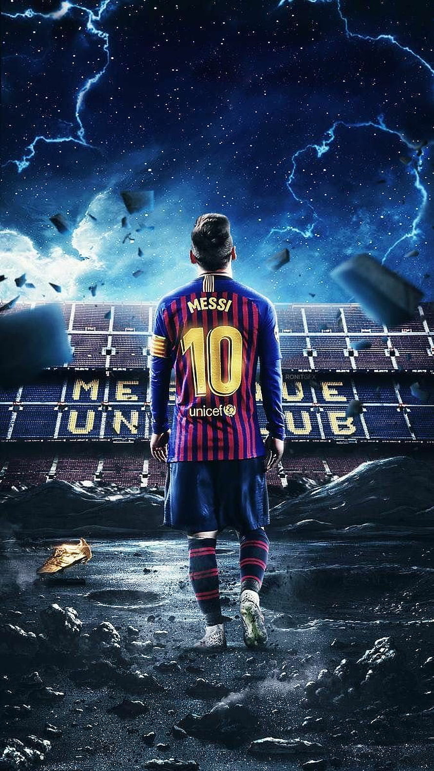 Lionel Messi Walking Through a Dramatic Stormy Stadium Scene in a Barcelona Kit HD phone wallpaper