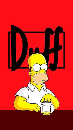 Homer Simpson Holding Beer Mug Against Red Duff Background HD phone wallpaper