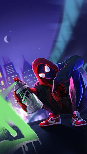 Miles Morales Spider-Man Spray Painting Urban Night Skyline, Miles Morales Spiderman , Cool Miles Morales HD phone wallpaper