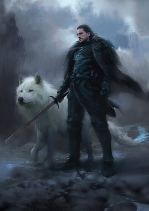 Jon Snow and White Wolf in Misty Winter Landscape Fantasy Art HD phone wallpaper