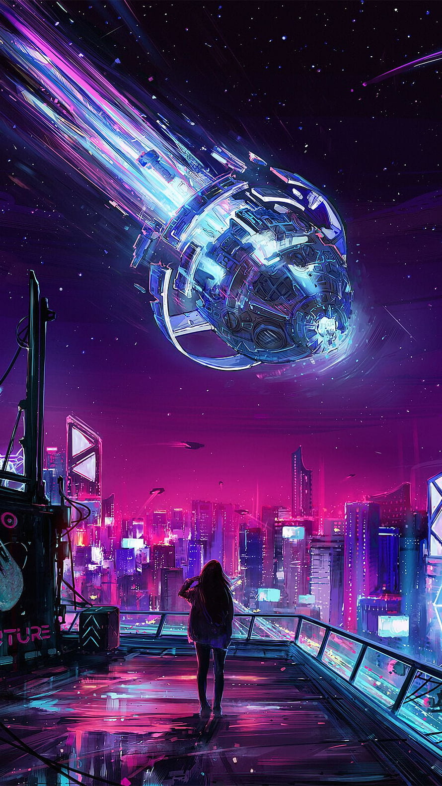 Cyberpunk Rooftop Scene With Woman Gazing At Futuristic Orbital Station Above Neon City HD phone wallpaper