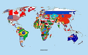 Global World Map Filled With National Flags On Light Blue Background HD wallpaper